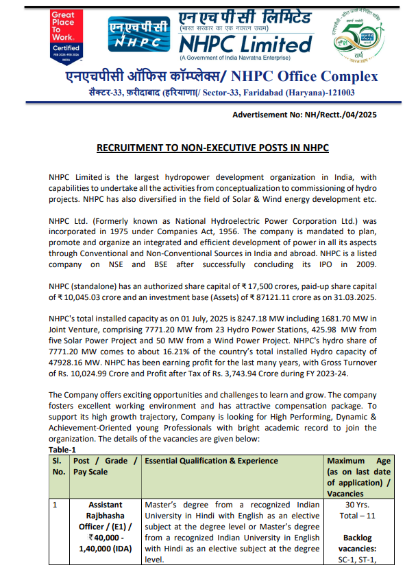 NHPC Non-Executive Recruitment 2025 official notification